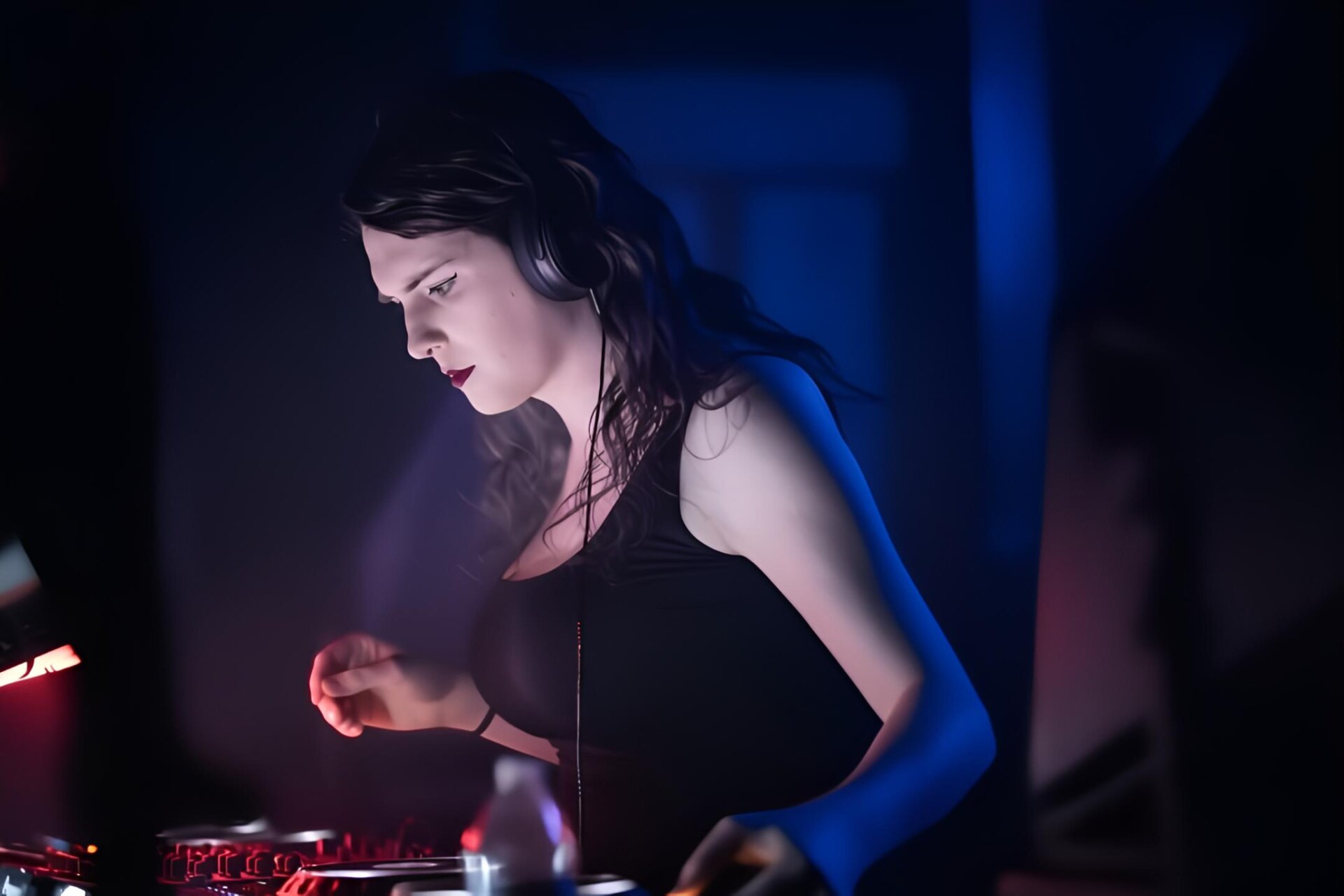 Pr0xima performing under deep blue and magenta club lighting